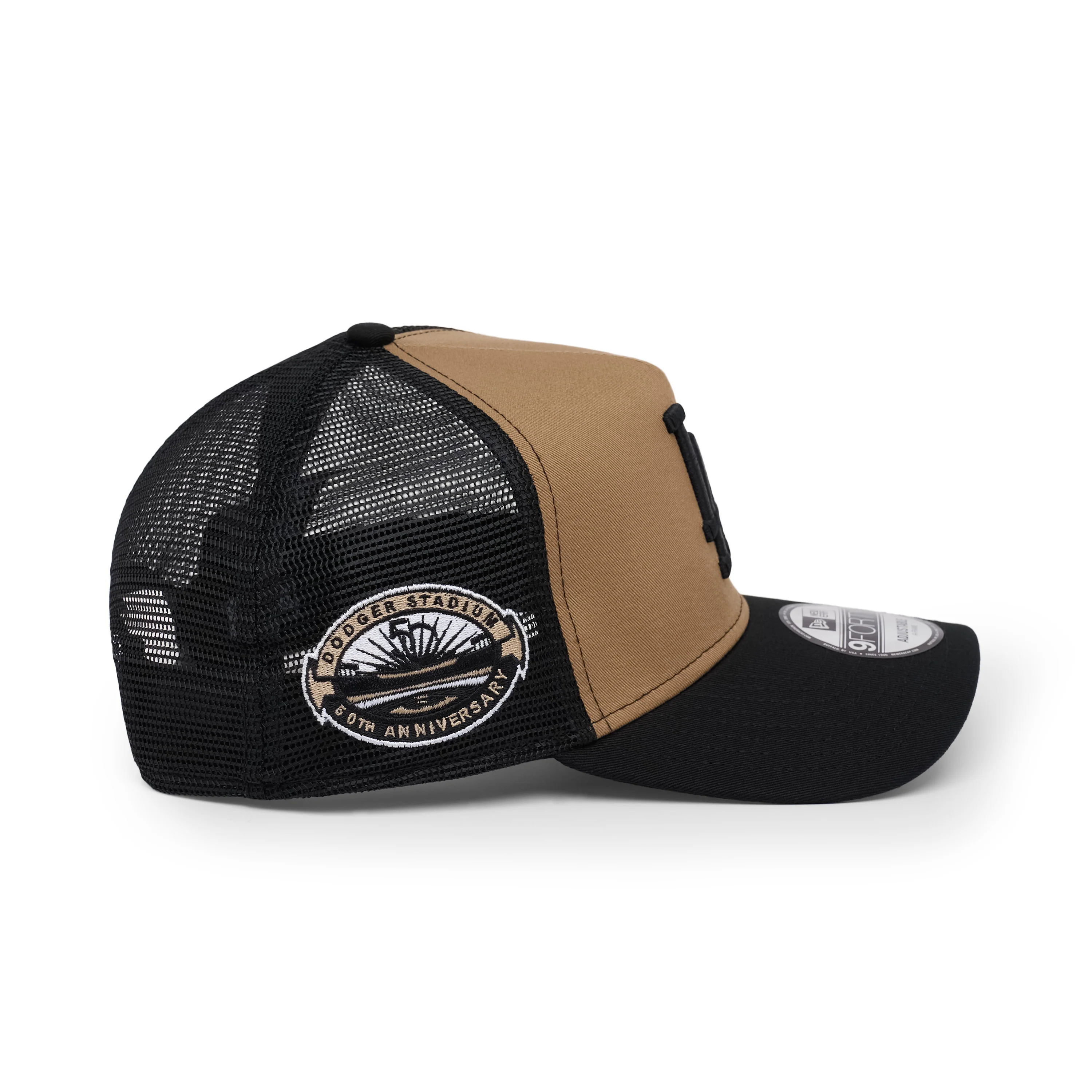 9FORTY A-Frame Trucker Los Angeles Dodgers Stadium 50th Anniversary Khaki Black Snapback - Image 5